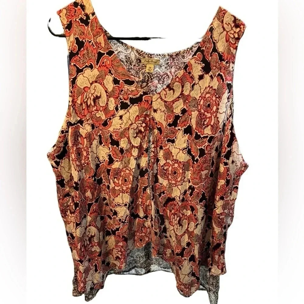 Lucky Brand Sleeveless Red Black Floral Abstract Aztec Flowy Blouse Size 3X